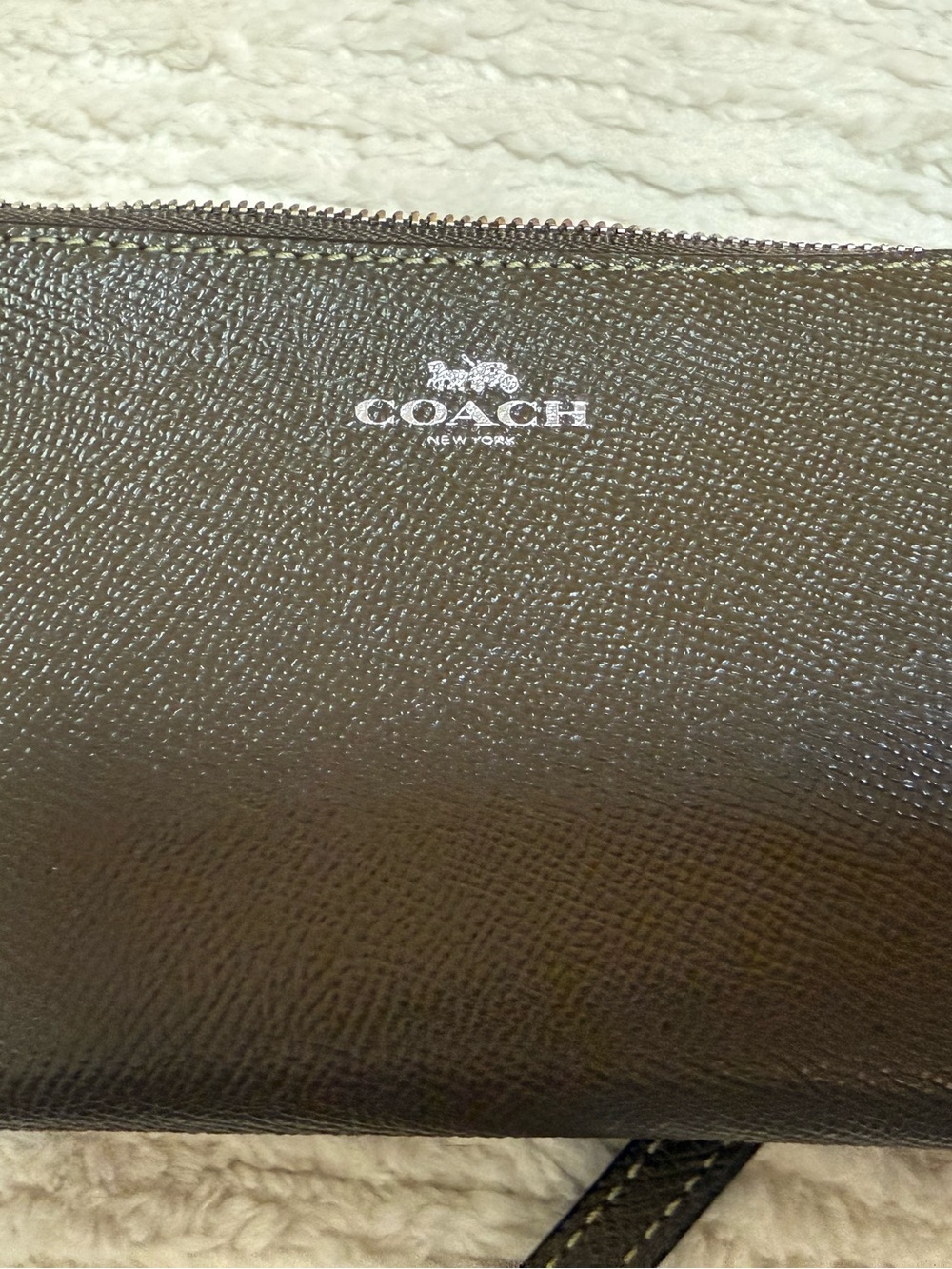 Coach Brown Pebbled Leather Wristlet Wallet Silver Logo Zip Top